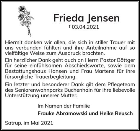 Traueranzeigen Von Frieda Jensen Sh Z Trauer