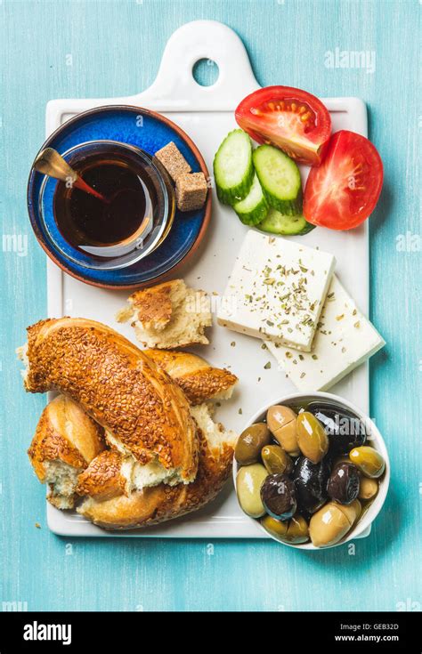 Turkish traditional breakfast with feta cheese, vegetables, olives ...