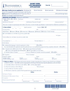 Fillable Online SHORT FORM LIFE INSURANCE APPLICATION Nbbn Ca Fax