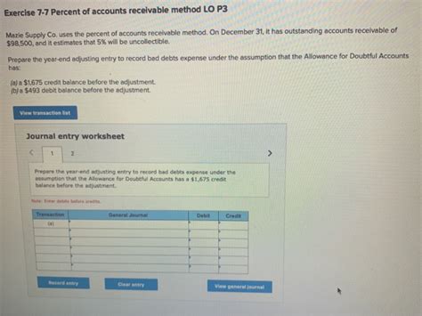 Solved Exercise 7 7 Percent Of Accounts Receivable Method LO Chegg