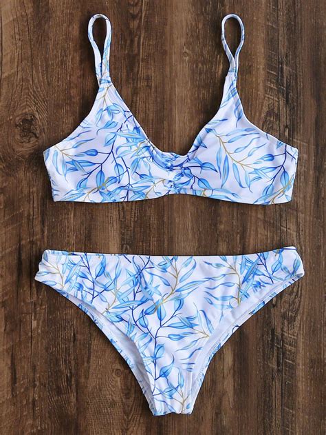 Shop White Leaf Print Bikini Set Online Shein Offers White Leaf Print