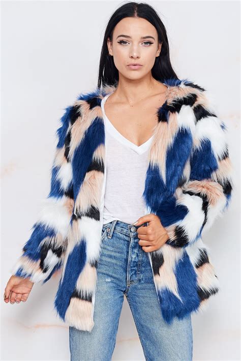 Multi Colored Faux Fur Jacket Blue Fur Jacket Faux Fur Jacket Fur Coat Outfit