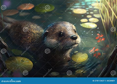 Playful Baby Otter with a Curious Gaze Swimming in a Clear Freshwater ...