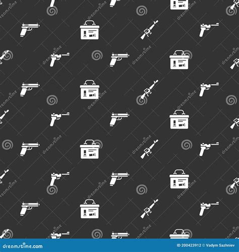 Set M16a1 Rifle Mauser Gun Pistol Or And Military Ammunition Box On Seamless Pattern Vector