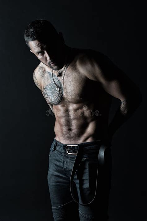 Fashion Model Put Leather Belt On Jeans Bearded Man Shirtless With Fit Torso Man With Tattoo