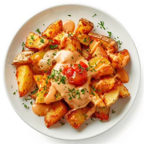 A Plate Of Spanish Patatas Bravas Crispy Fried Potatoes Topped With A