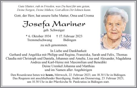 Erinnerung An Josefa Mariner Geb Schweiger Trauerportal