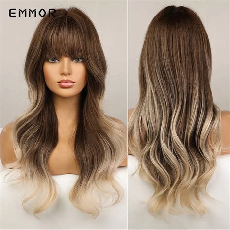 Emmor Synthetic Long Wavy Wigs Ombre Brown To Blonde Wave Wigs For Black Women Cosplay Natural