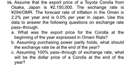 Solved 16 Assume That The Export Price Of A Toyota Corolla Chegg