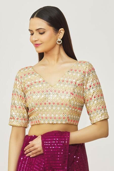 Buy Gold Silk Embroidered Sequin V Neck Mirror And Work Blouse For