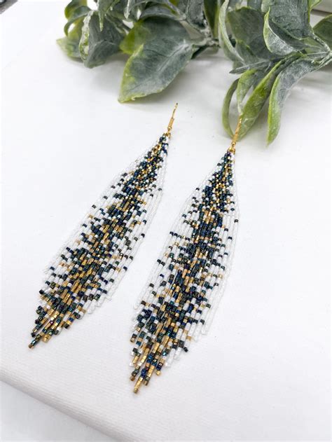 White Blue And Gold Galaxy Beaded Earrings Statement Boho Etsy