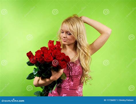 Blonde Girl With Bouquet Roses Stock Image Image Of Nature Holiday 11736057