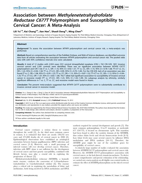 Pdf Association Between Methylenetetrahydrofolate Reductase C677t