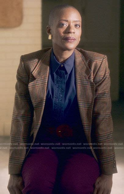 Wornontv Rebecca’s Navy Silk Blouse And Brown Plaid Blazer On The Haunting Of Bly Manor T Nia