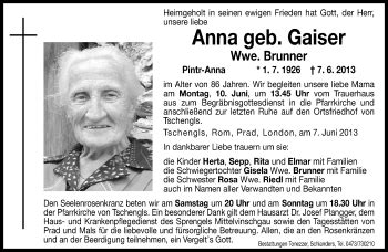 Traueranzeigen Von Anna Brunner Trauer Bz