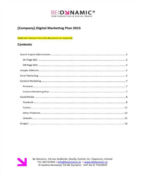 Digital Marketing Plan Template Word