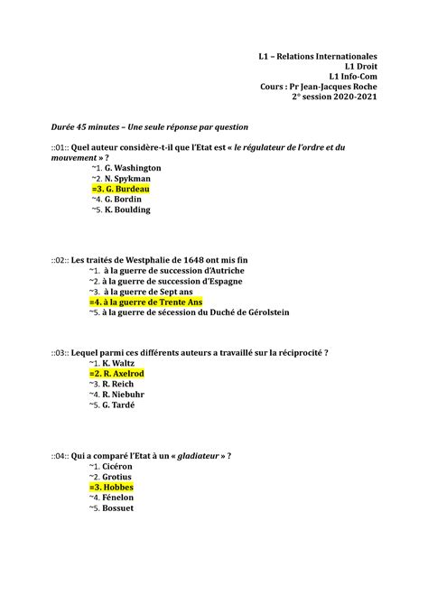 Qcm L Session Qcm L Relations Internationales L Droit