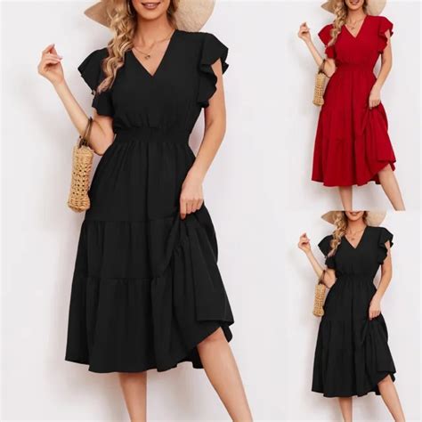 Robe Midi L Gante Femme Pliss E Couleur Unie Couleur Unie Robe De Soir