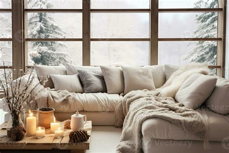 AI Generative. Cozy and stylish living room with a soft sofa decorated ...