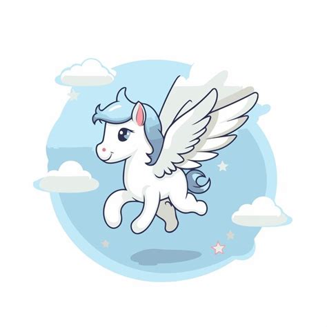 Lindo unicornio blanco con alas volando en el cielo Ilustración