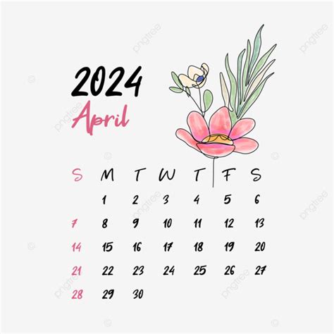 Floral Monthly Calendar April 2024 Vector April Floral Calendar