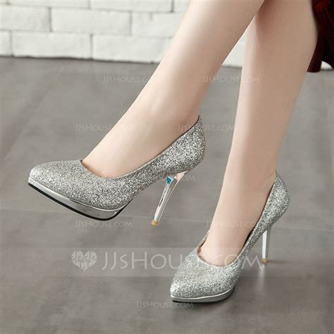 Womens Leatherette Stiletto Heel Pumps Platform Closed Toe With Sequin