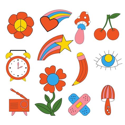 Premium Vector Cute Funky Hippy Stickers Retro Set Of 70s 80s Style