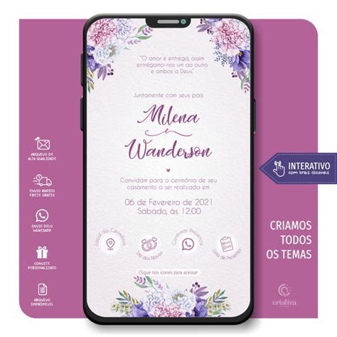 Convite De Casamento Digital Interativo Floral Roxo Elo