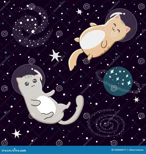 Illustration With Cute Cats Astronauts On Starry Space Background