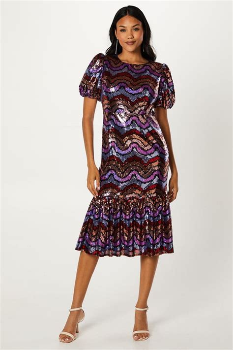 Dresses Party Rainbow Sequin Midi Dress With Puff Sleeve Coast