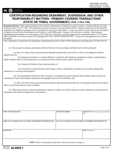 VA Form 40 0895 7 Certification Regarding Debarment Suspension And