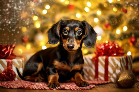 Dog Near Christmas Tree At Home Cheerful Dachshund Puppy Posing