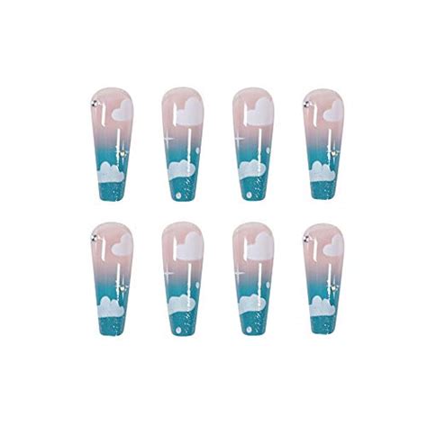 Feilisa Coffin Press On Nails Clouds Fake Nails Long False Nails Blue Luxury Rhinestone Cute