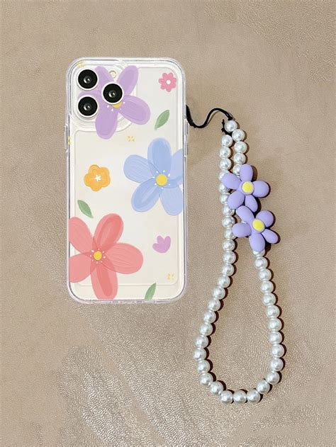 Flower Print Clear Phone Case With Lanyard Floral Phone Case Phone