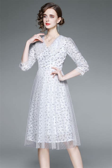 Embroidered Sheer Mesh Flounce 3 4 Sleeve Lace Midi Dress Lai Meng