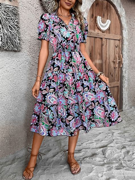 Shein Vcay Allover Floral Print Puff Sleeve Dress Shein Usa