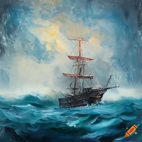 Textured Oil Painting Of Ship In Stormy Sea On Craiyon