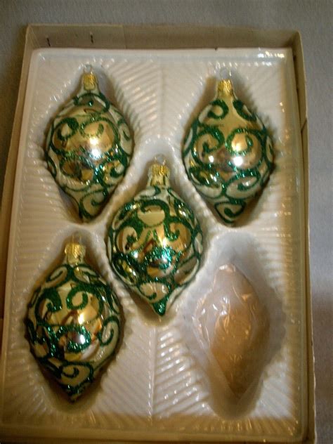 Vintage Set Of 4 Glass Teardrop Ornaments~silver Green Glitter Design~romania Ebay