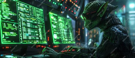 premium photo alien creature working  multiple computer screens
