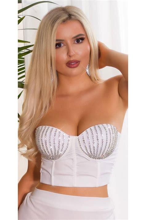 Crop Top Dama Alb Tip Corset Cu Strasuri Si Cupe Anaya Jojofashion Ro