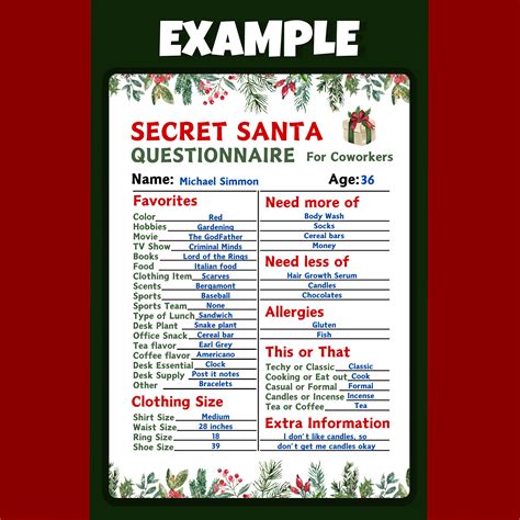 Secret Santa Questionnaire for Adults, Printable Secret Santa, Gift