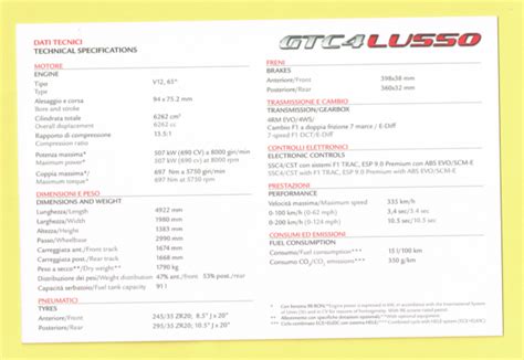 Cartolina Dati Tecnici Ferrari GTC4 Lusso Maranello Collection