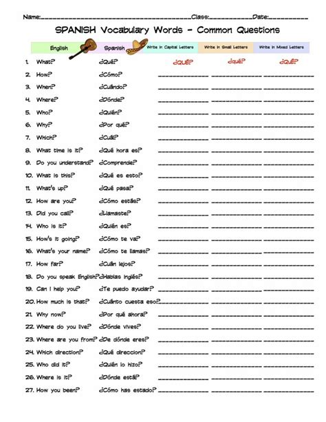 Spanish Common Questions Vocabulary Word List Column Worksheet Made