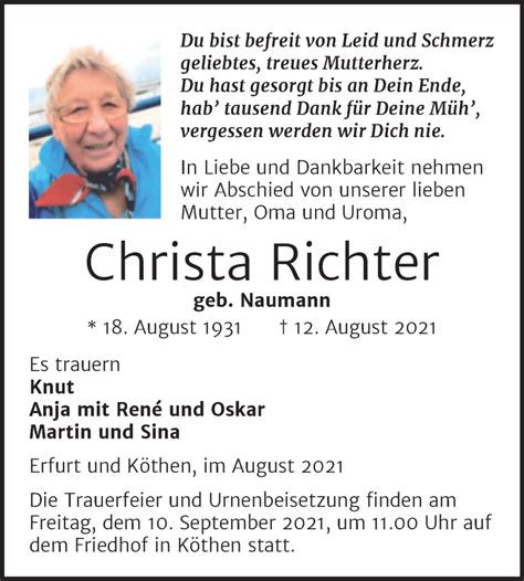 Traueranzeigen Von Christa Richter Abschied Nehmen De