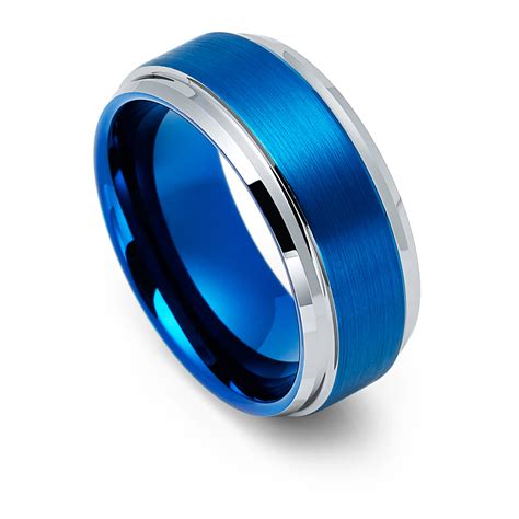 9mm Blue Tungsten Wedding Band with Stepped Edges – RingMen Jewelry