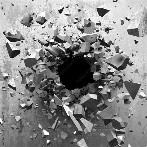 Cracked Explosion Concrete Wall Hole Abstract Background Stock