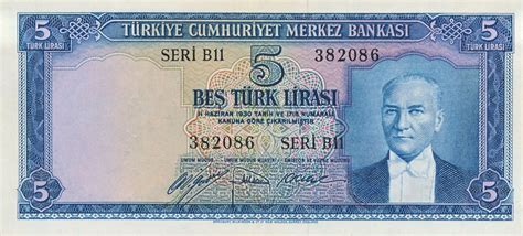 Türkei Türkiye Cumhuriyeti 5 Lira 1930 1952 Geldschein Banknote Serie