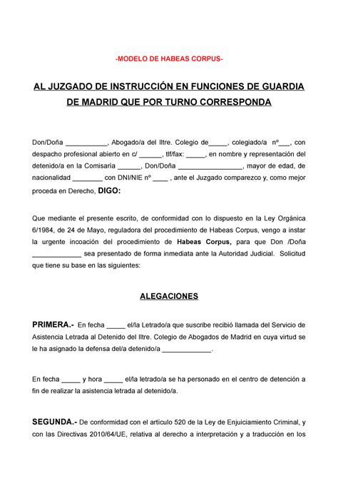 Modelo Habeas Corpus Final MODELO DE HABEAS CORPUS AL JUZGADO DE