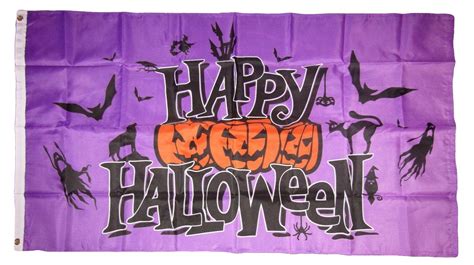 3x5 Happy Halloween Purple Jack O Lanterns Ghost Bats Flag Brass