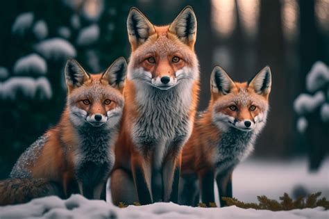 Familia De Lindos Zorros En El Bosque De Invierno Ia Generativa Foto